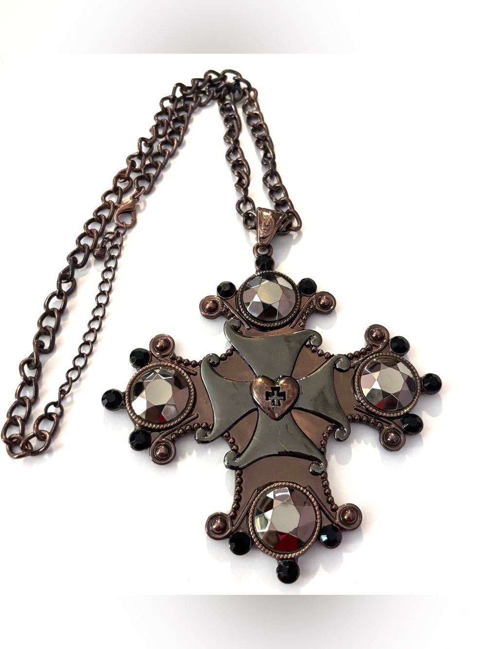 Vintage Gunmetal and Smoky Crystal Cross Necklace